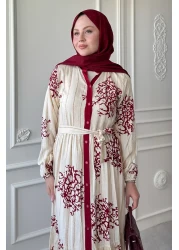 InStyle Colorful Long Piping Detail Burgundy Viscose Dress