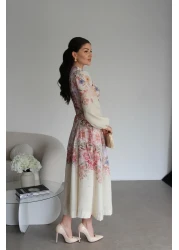 Julidress فستان من الكتان بتصميم مميز بطول متوسط ​​الطول وياقة واقفة وأزرار باللون البيج مع حزام