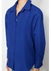  Collection Navy Blue Single Pocket Boyfriend/Wide Fit Cotton Woven Shirt TWOAW20GO0115