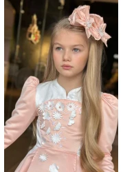 Riccotarz فستان بناتي بسحاب خلفي مفصل باللون الأبيض على الصدر مزين بجيب البطيخ وأكمام السلمون