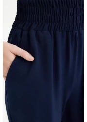  Collection Navy Blue Wide Leg / Wide Ankle Waist Elastic Woven Trousers TWOSS22PL00024