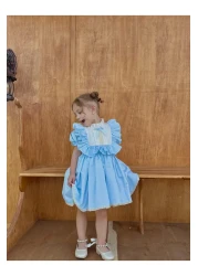 Linarookids Vintage Baby Girl Dress with Laurel Blue Bow, Birthday Dress, Photo Shoot Dress, Suitable for 0-7 Years Old