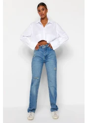  Collection Blue Ripped High Waist Long Straight Jeans TWOAW24JE00033