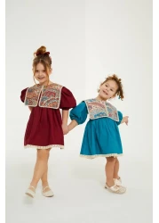 Elidabutik Ethnic Pattern Collar Detailed Burgundy Dress