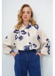 Trend Alaçatı Stili Women's Navy Blue-Beige Double Cuffed Leaf Patterned Woven Shirt Alc-X13785