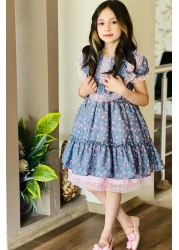 Riccotarz Girl's Chest and Shoulders Ruffle Lace Embroidered Dress with Flower Detail
