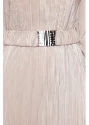  Modest Gold Knitted Dress - Belt and Pleated, TCTSS24EB00154