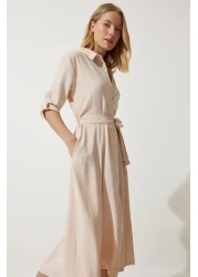 Happiness İstanbul Women's Cream Belted Shirt Dress DD01256