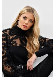 Cool & Sexy بلوزة نسائية ذات أكمام سوداء من التول وكشكشة BK894