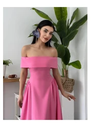 Julidress فستان سهرة طويل بياقة مادونا بطيات طويل وقلم رصاص ممتاز