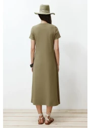  Collection Khaki Pocketed Premium Crew Neck A-Line Knitted Midi Dress TWOSS24EL00169