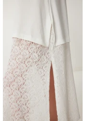 Happiness İstanbul Women Bone Stretchy Knitted Top Lace Skirt Dress Cr00486