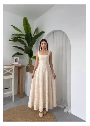 Julidress فستان طويل من الكتان بتصميم مميز مع تطريز وزهرة وردية ثلاثية الأبعاد مطرزة بحزام مبطن