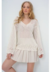 Trend Alaçatı Stili Women's Vanilla Boat Neck Openwork Summer Knitwear Blouse ALC-X10640