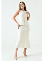 vuvutasarım High Waist Midi Length Sleeveless Stretchy Knitwear Set - Buttoned Vest, Ecru 5155
