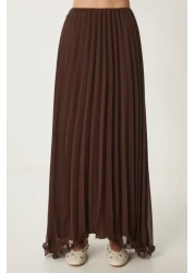 Happiness İstanbul تنورة شيفون ذات ثنيات بنية اللون للنساء DP00237