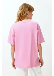  Collection Pink 100% Cotton Heart Slogan Printed Oversize/Comfortable Cut Knitted T-Shirt TWOSS24TS00139