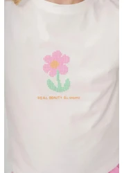 Magu طقم تي شيرت بناتي قطني أبيض مطبوع عليه زهور وبنطلون جيب وردي