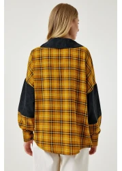 Happiness İstanbul Women's Black Mustard Color Blocked Suede Woven Shirt WF00064