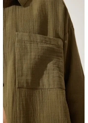 Happiness İstanbul Women's Khaki Oversize Muslin Shirt with Pockets MX00150