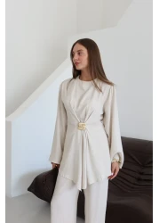 Laluvia Natural Gold Brooch Blouse Trousers Set - 8759