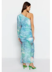  Collection Blue Patterned Draped Body Fitted Flexible Maxi Tulle Pencil Dress TWOSS23EL01799