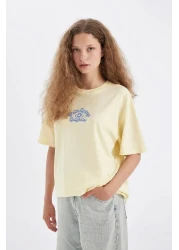 Defacto تي شيرت كبير الحجم بأكمام قصيرة ورقبة دائرية وطباعة خلفية D4929ax24au