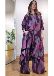 QUAWEAR طقم قميص طويل بياقة قميص وجيب جانبي وبنطلون