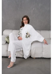 Miss Allos طقم كيمونو وبنطلون نسائي من الأمام مزين بزهرة التول ومطرز بالأحجار