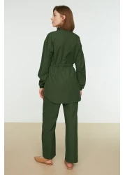  Modest Khaki Stand Collar Belted Shirt-Pants Woven Suit TCTSS21AU0247