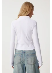 Happiness İstanbul White Polo Collar Zippered Women's Knitted Blouse - An00213