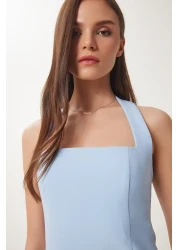 Lovelyİstanbul فستان منسوج متوسط ​​الطول بحزام سميك أزرق سماوي Lfk0005