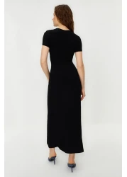 Collection Black Short Sleeve Bodycone/Fitted Crew Neck Flexible Knitted Maxi Pencil Dress TWOSS24EL00097