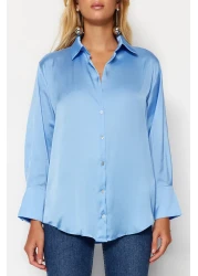  Collection قميص منسوج من الساتان مقاس كبير/واسع باللون الأزرق TWOAW24GO00211