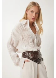 Happiness İstanbul Women's Cream Gathered Draped Woven Shirt Dp00234