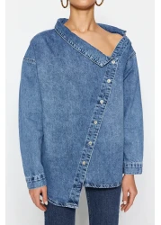  Collection Blue Asymmetrical Neckline Detail Oversize Denim Shirt Twoss24Go00034