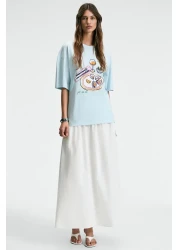 GRIMELANGE تي شيرت نسائي من NITZA مصنوع من القطن بنسبة 100% برقبة دائرية كبيرة الحجم باللون الأزرق