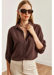 Olalook Women's Linen Shirt - Brown, Sleeve Folded, Gml- 19000825
