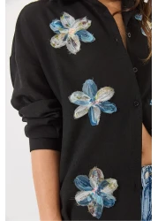 Bianco Lucci Women's Tulle Floral Accessory Long Sleeve Cotton Shirt 6526 60283057