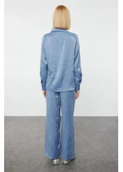  Collection Satin Woven Navy Blue Shirt and Trousers Set - Accessory Detailed TWOAW25AU00088