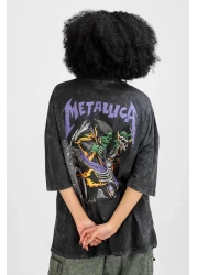Sokak Butik Washed Metallica Purple Back Printed Black Unisex Oversize Tshirt