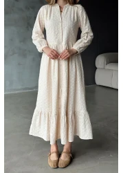 Olcay Button Midi Length Guipure Dress Beige 9351-E