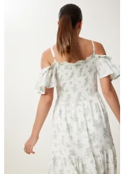 Lovelyİstanbul فستان فيسكوز صيفي طويل مكشكش ومزخرف بحزام ECRU GREEN LUB0112