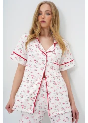Trend Alaçatı Stili Women's Micro Floral Pomegranate Single Pocket Piping Detailed Cotton Shirt and Pants Pajama Set Pjm-X13898