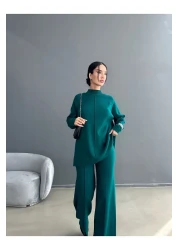 Lusin Women's Half Turtleneck Sweater Trousers Bottom Top Knitwear Set - Nefti Green