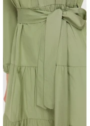  Modest Light Khaki Belted Chief Collar Button Detail Woven Dress TCTSS21EL3343