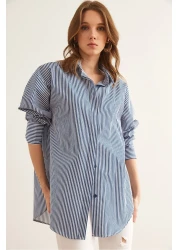 Olalook Women's Striped Navy Blue Hidden Placket Poplin Shirt Gml- 19000867