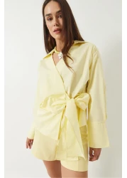 Bianco Lucci Women's Double Breasted Collar Side Tie Poplin Shirt 60283082