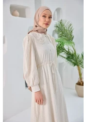 LOCCO Women's Baby Collar Lace Detailed Hijab Dress Ecru