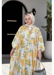 Aselim Hijap Moda فستان صيفي منقوش بالزهور من القطن باللون الأصفر